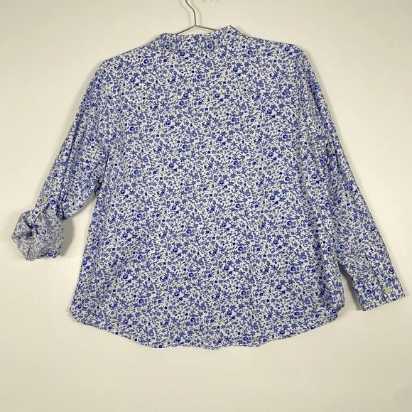 Per Se Shirt Womens 1X Blue White Floral Button Front Long Sleeve Cotton Top - Picture 6 of 13